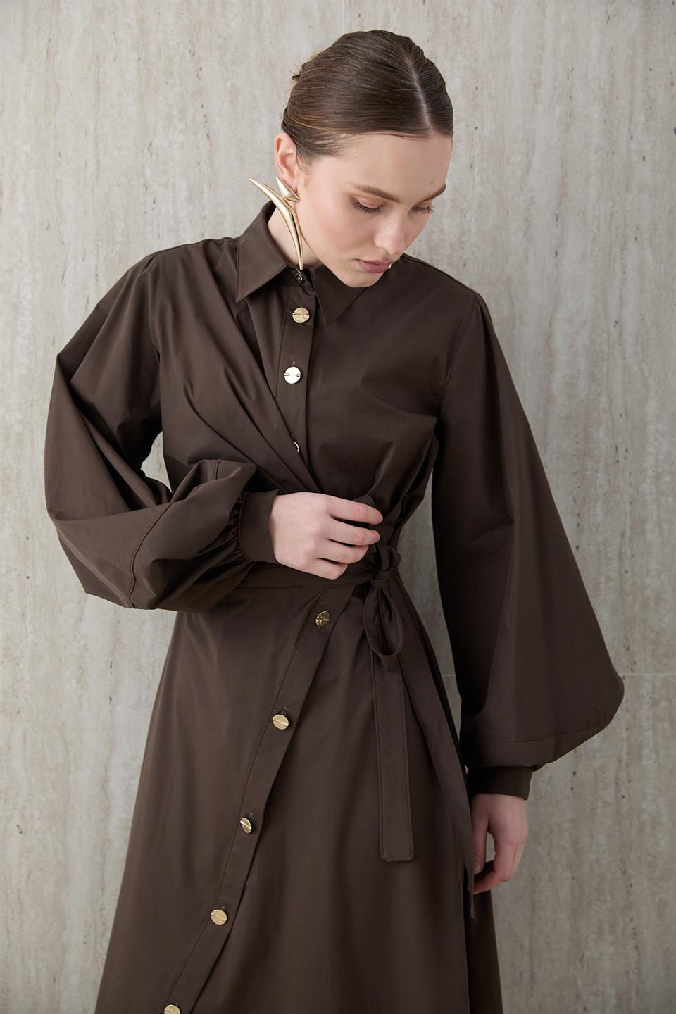 Yandan Bağlamalı Poplin Elbise - Kahve