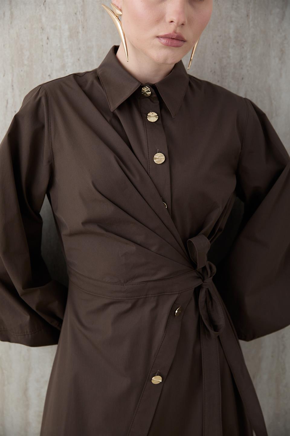 Yandan Bağlamalı Poplin Elbise - Kahve