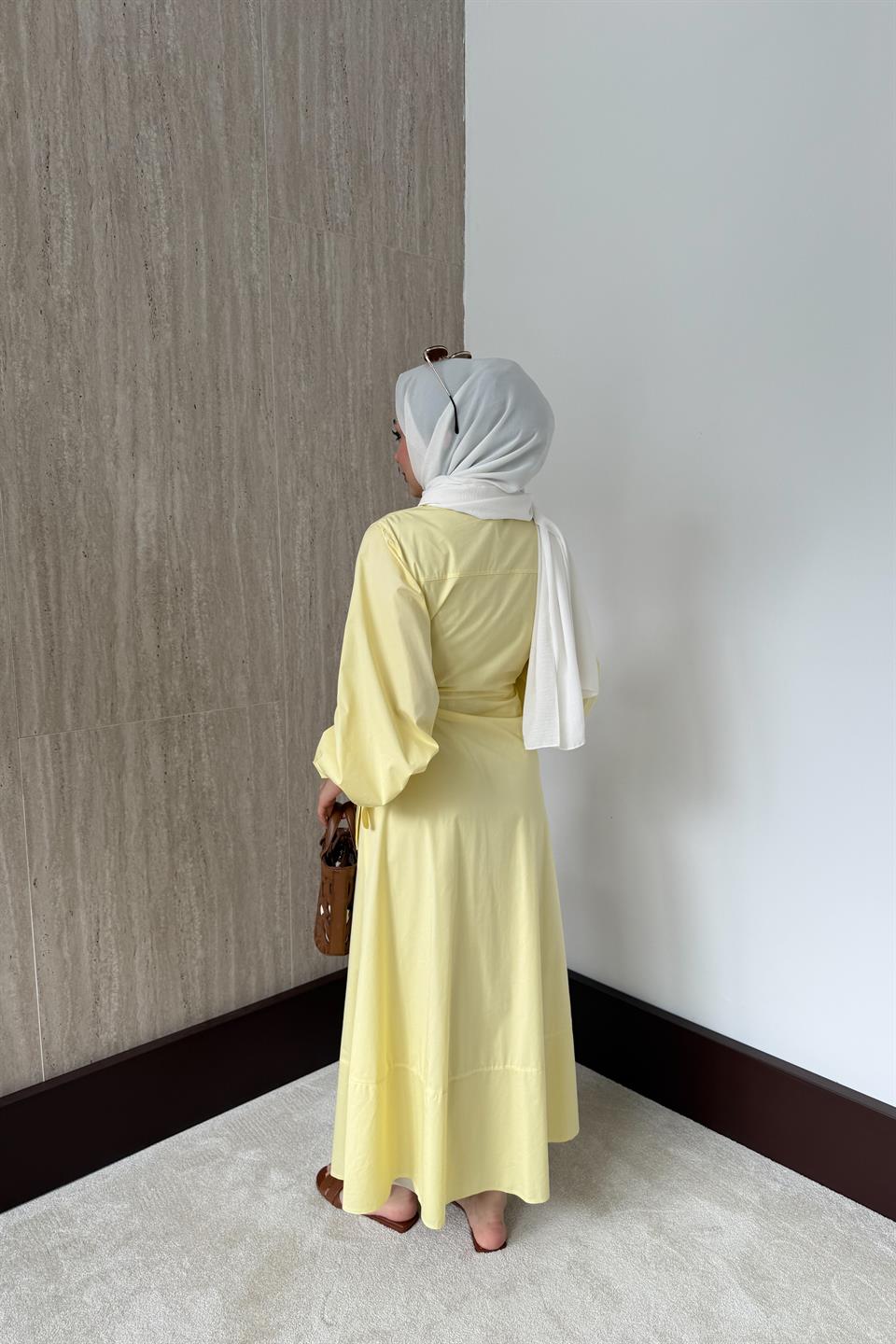 Yandan Bağlamalı Poplin Elbise - Sarı