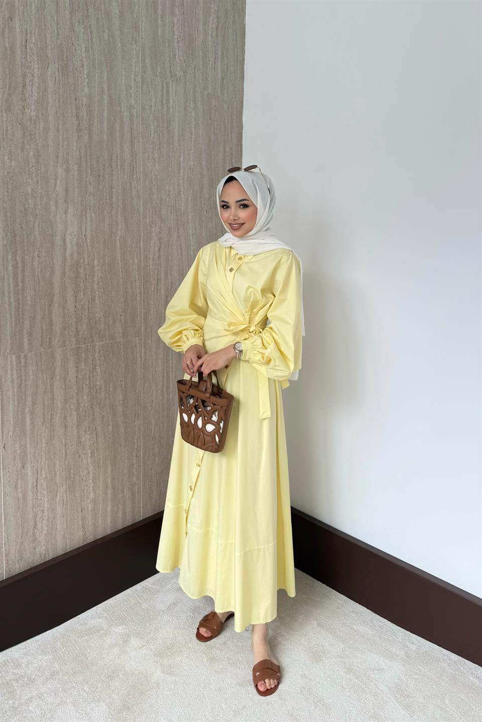 Yandan Bağlamalı Poplin Elbise - Sarı