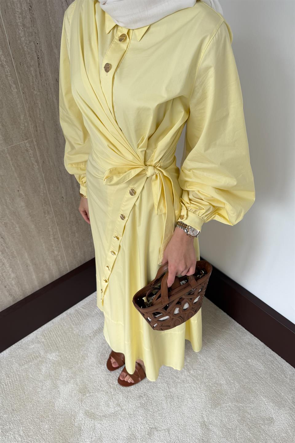 Yandan Bağlamalı Poplin Elbise - Sarı