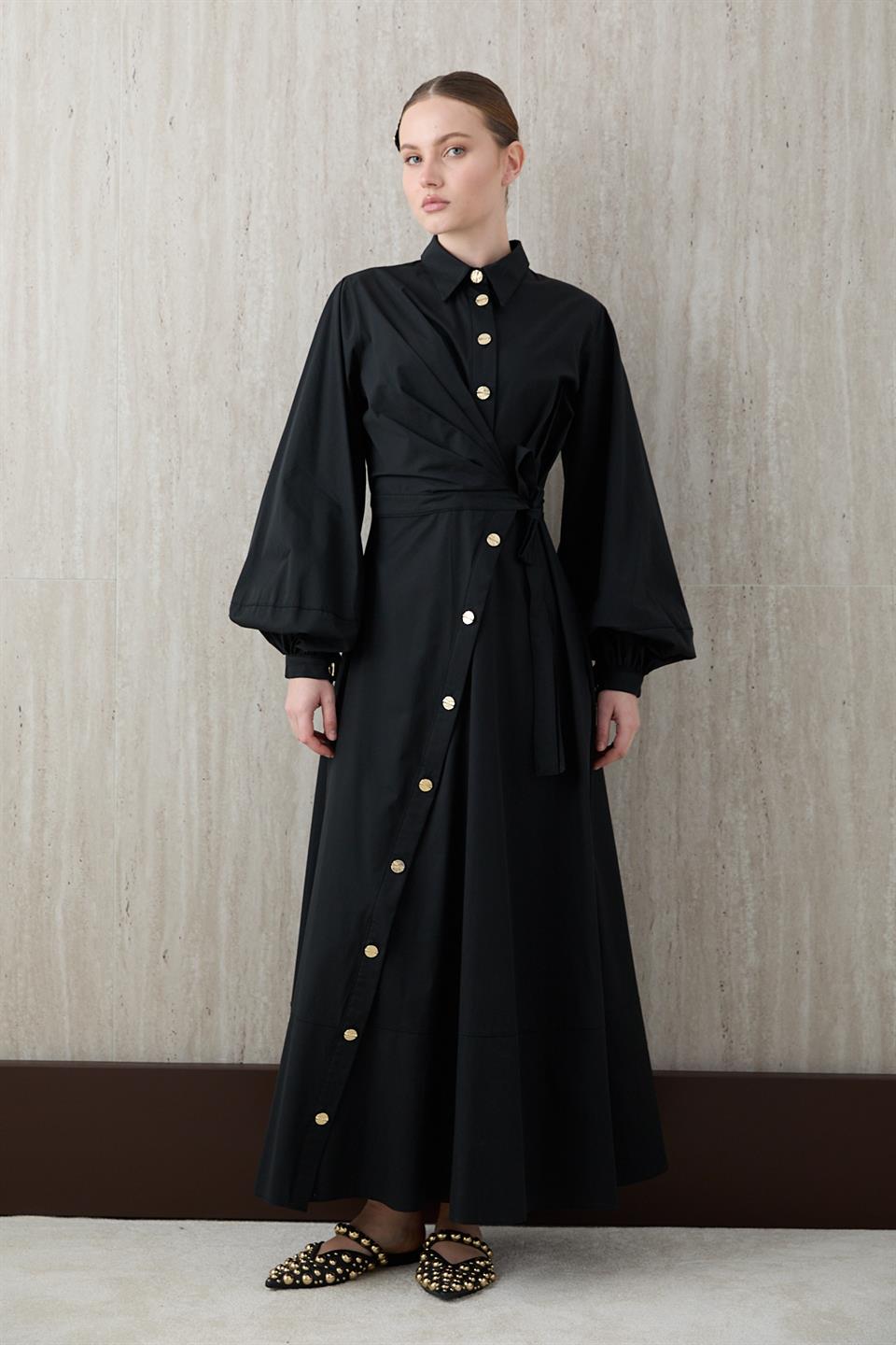 Yandan Bağlamalı Poplin Elbise - Siyah