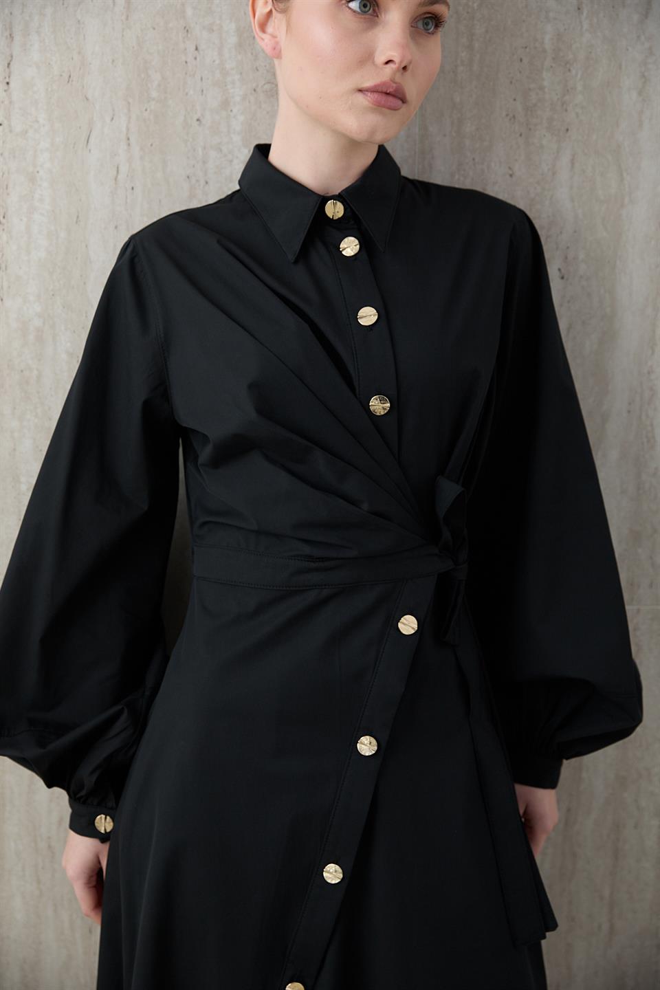 Yandan Bağlamalı Poplin Elbise - Siyah