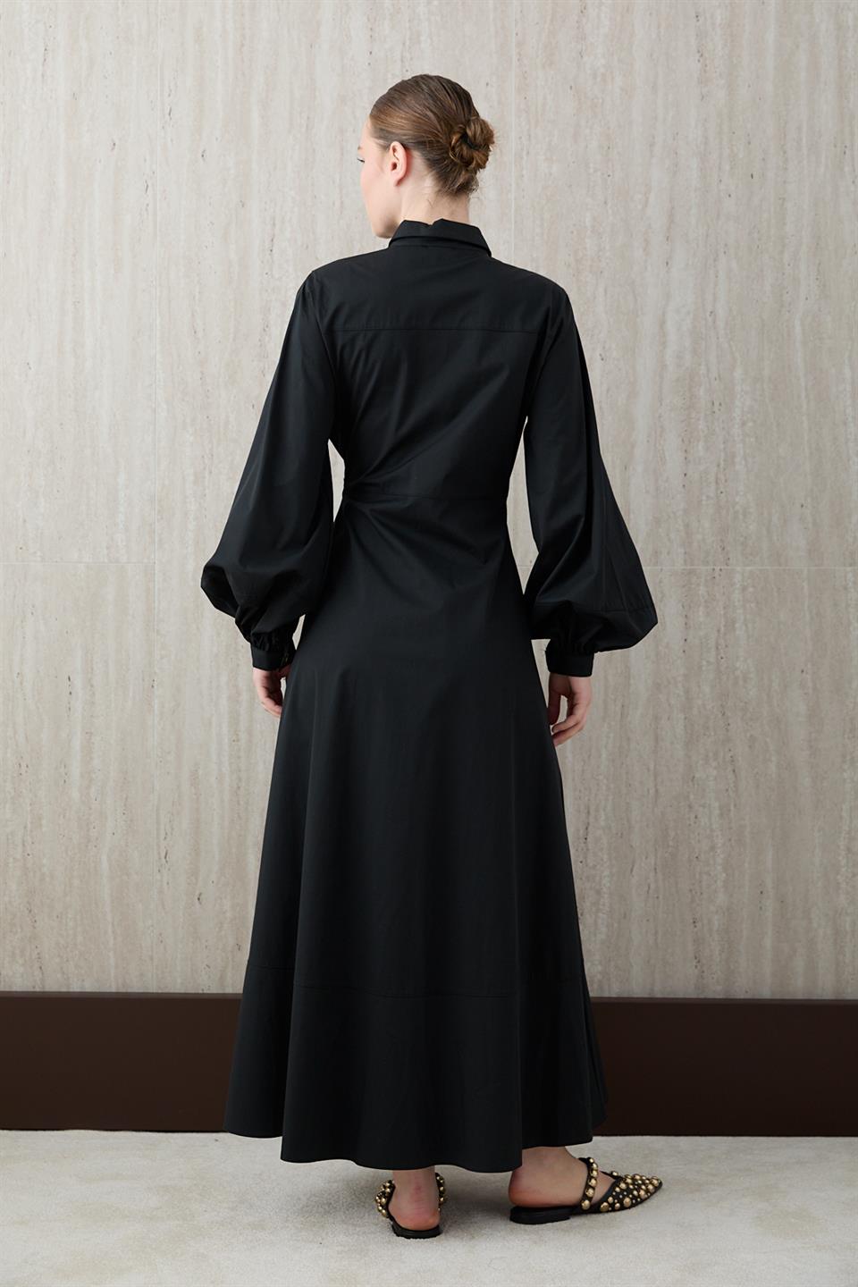 Yandan Bağlamalı Poplin Elbise - Siyah