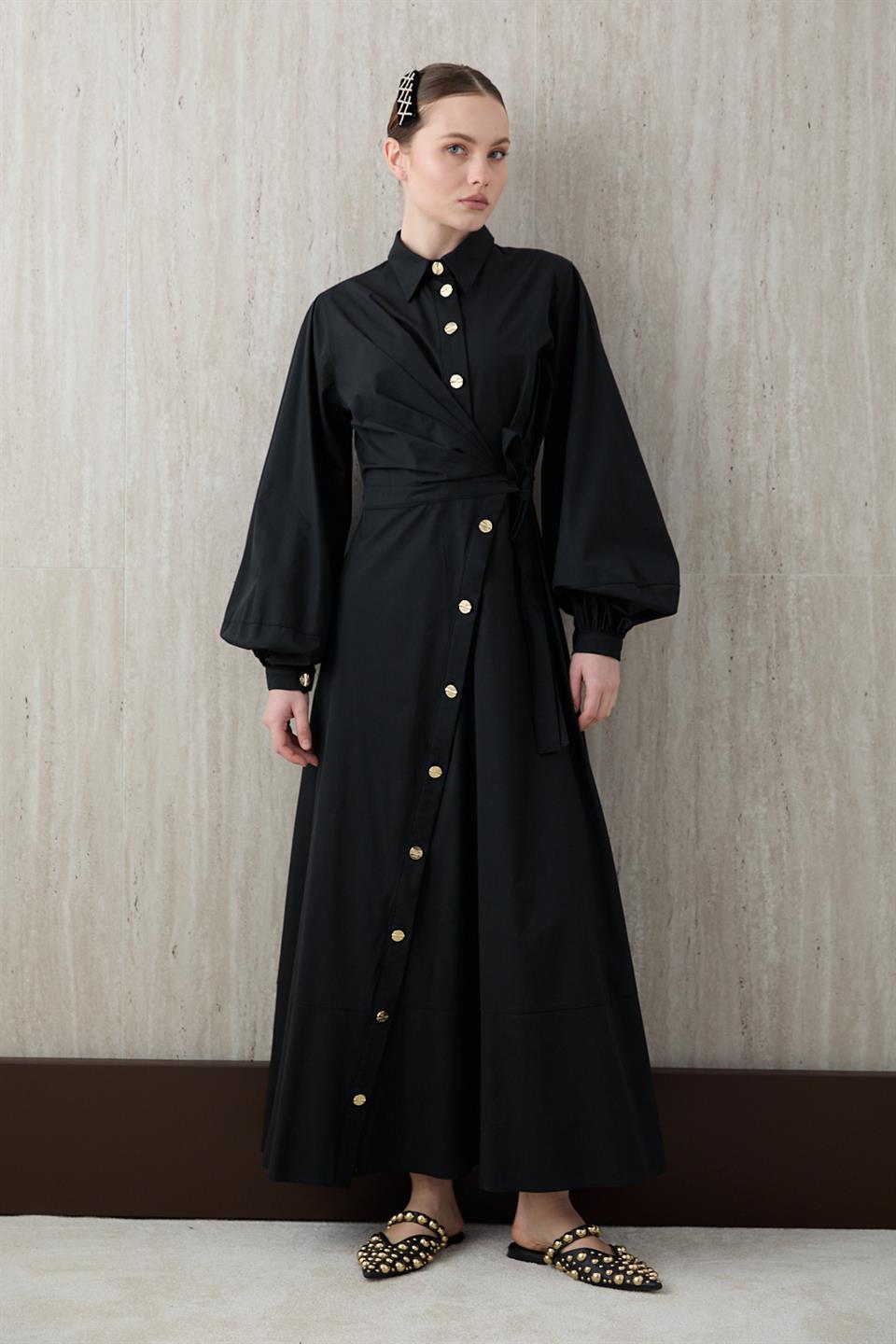 Yandan Bağlamalı Poplin Elbise - Siyah