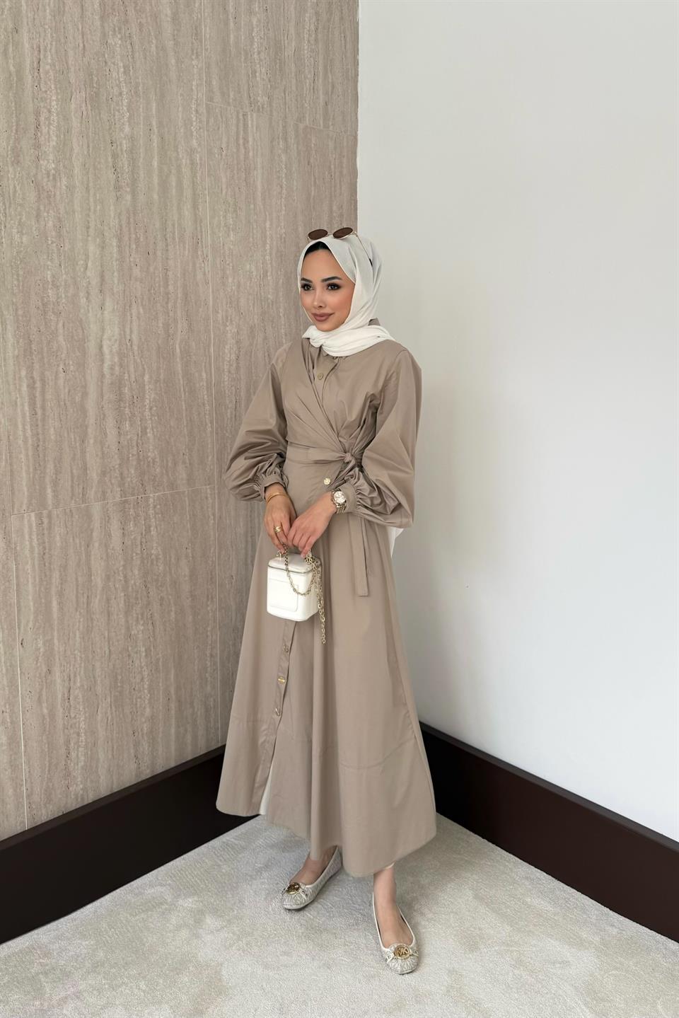 Yandan Bağlamalı Poplin Elbise - Taş