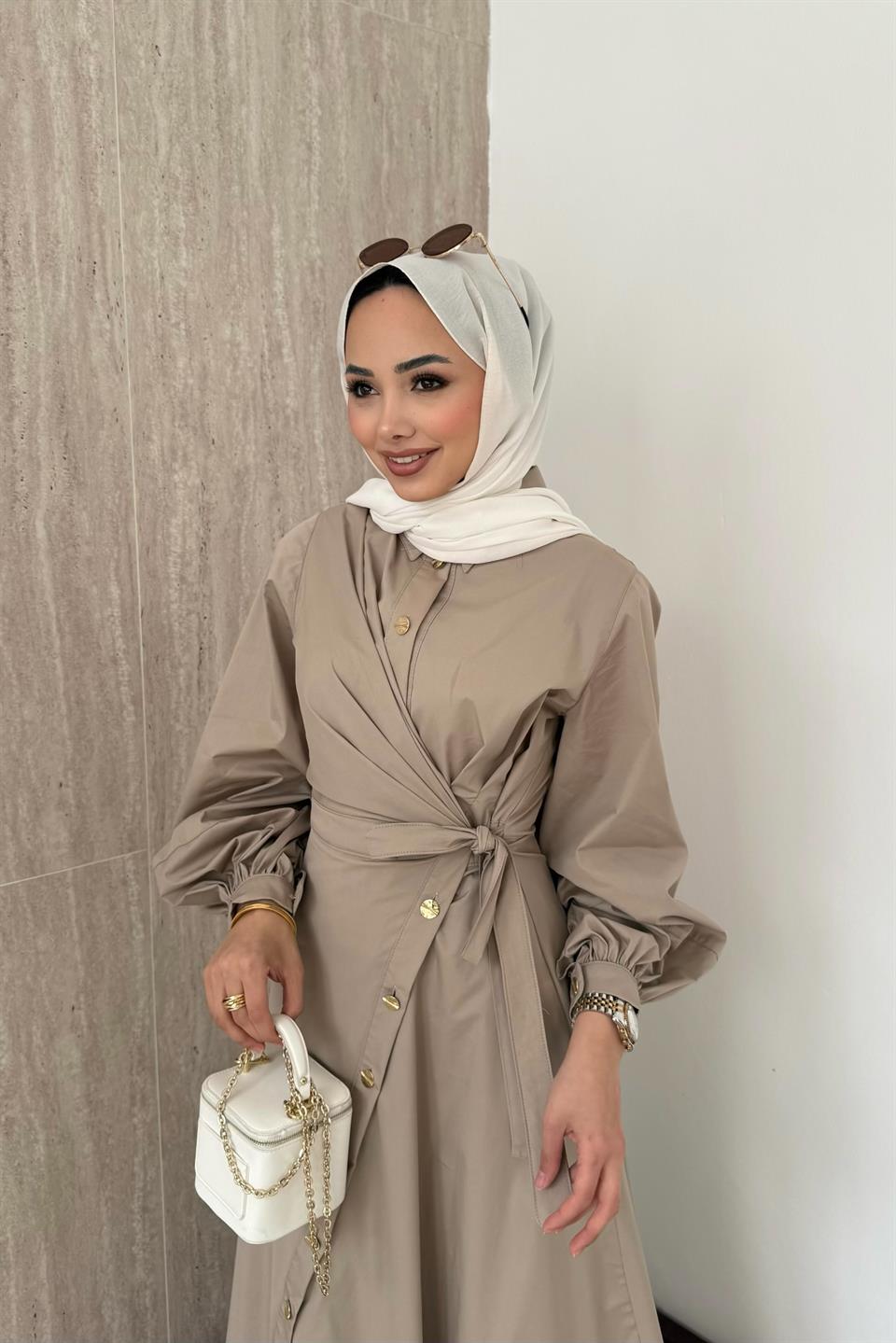 Yandan Bağlamalı Poplin Elbise - Taş