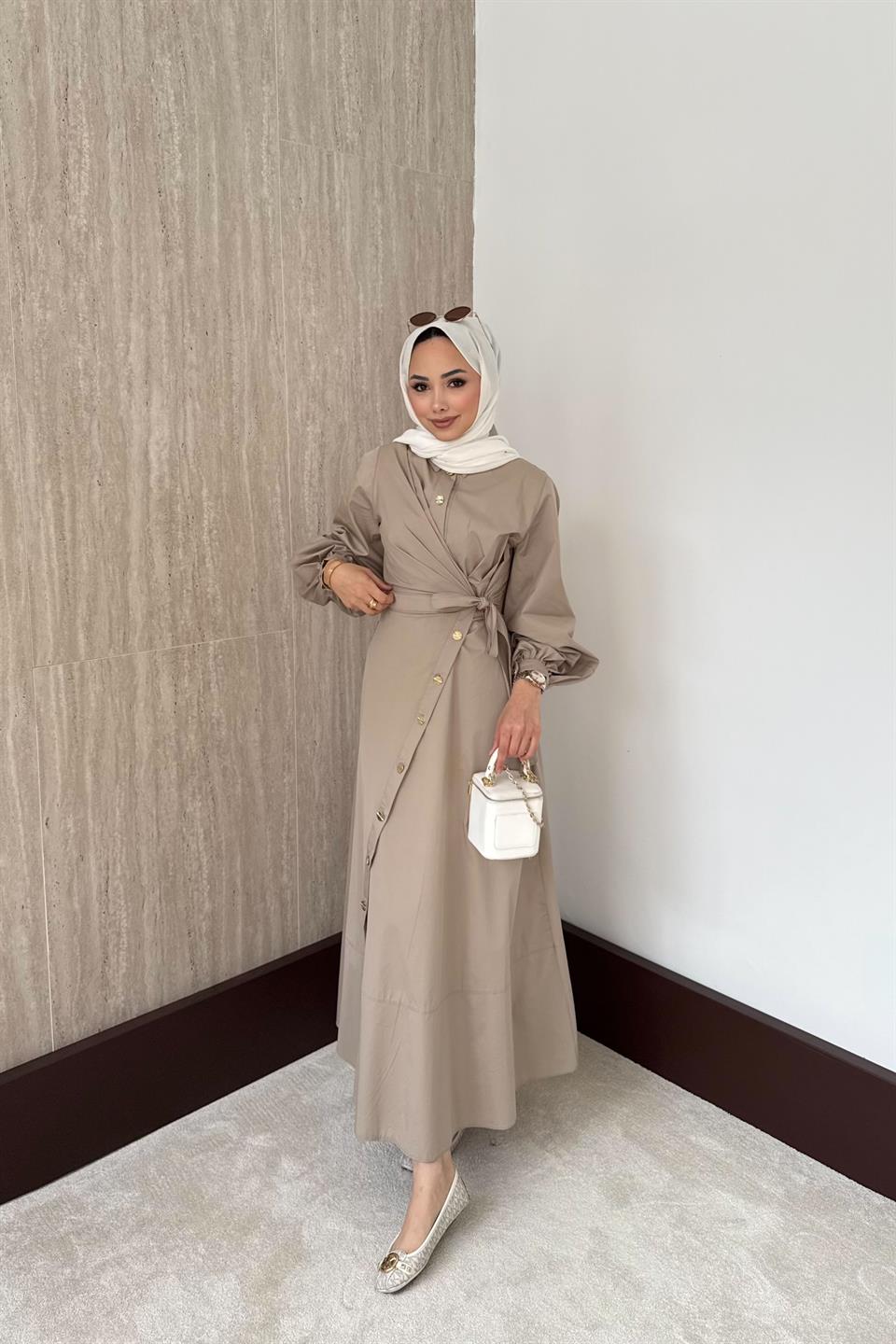 Yandan Bağlamalı Poplin Elbise - Taş