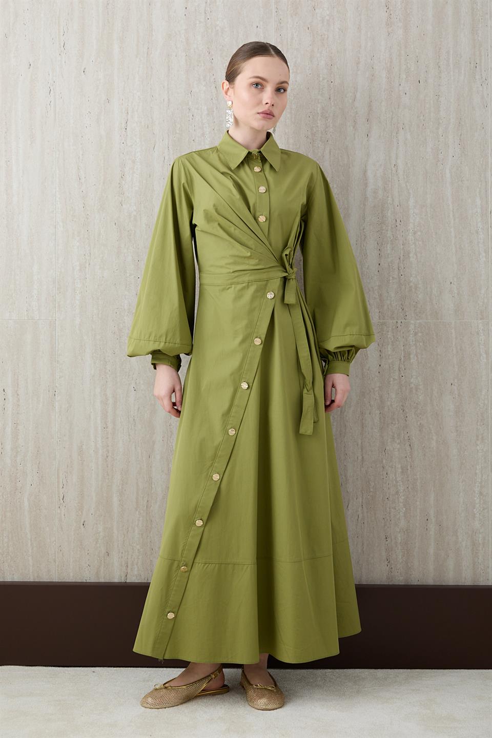 Yandan Bağlamalı Poplin Elbise - Yeşil