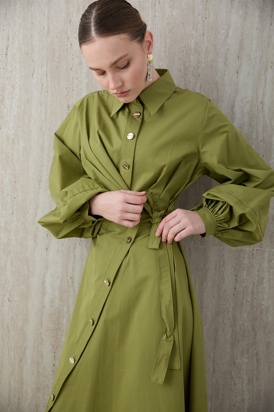 Yandan Bağlamalı Poplin Elbise - Yeşil