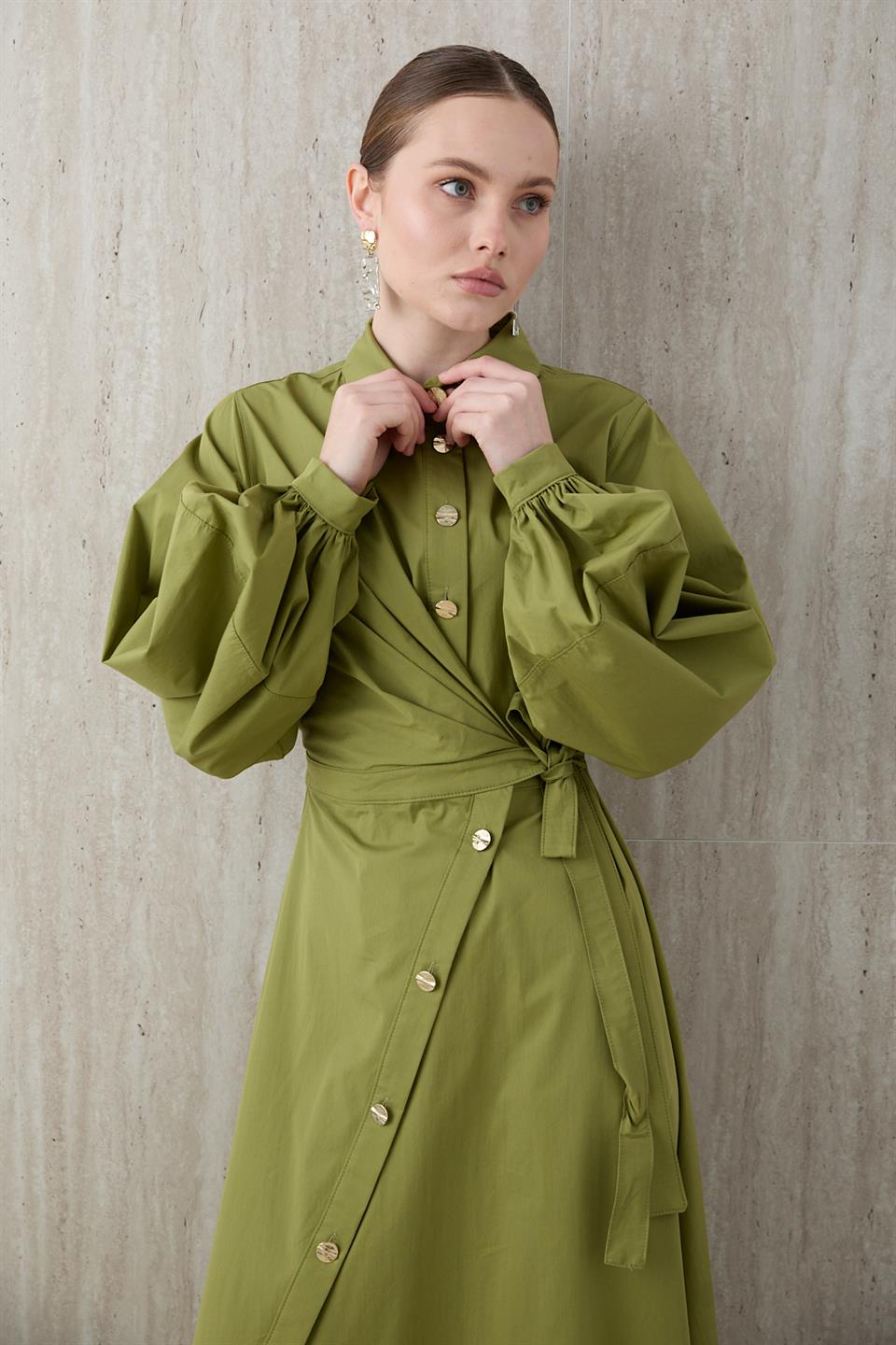 Yandan Bağlamalı Poplin Elbise - Yeşil