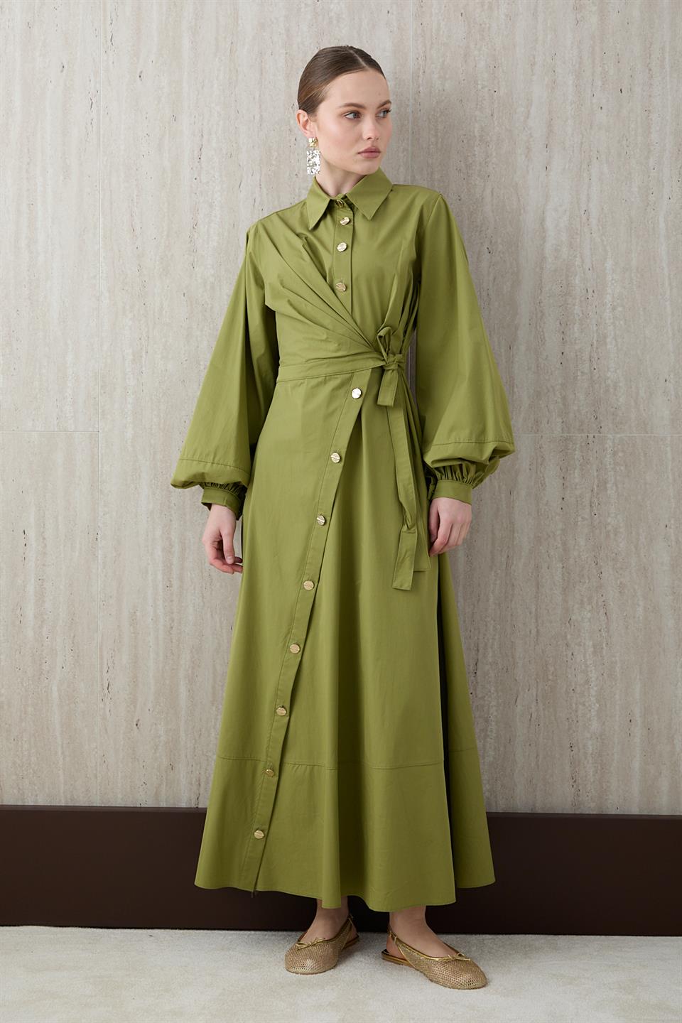 Yandan Bağlamalı Poplin Elbise - Yeşil
