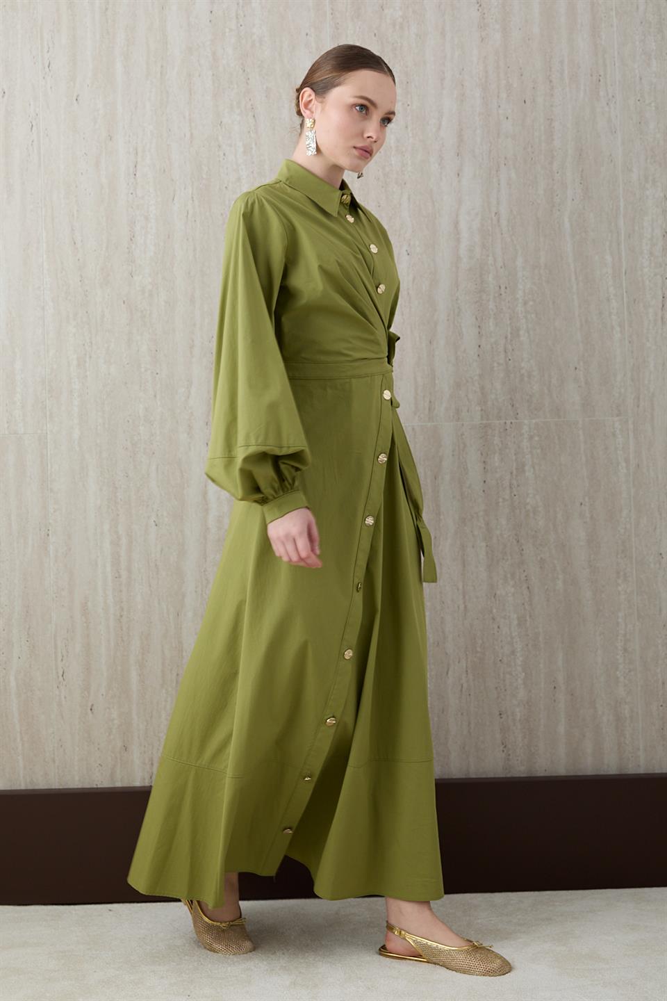 Yandan Bağlamalı Poplin Elbise - Yeşil