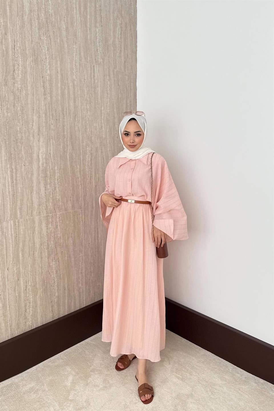 Yarasa Kol Brode Etekli Takım - Pudra