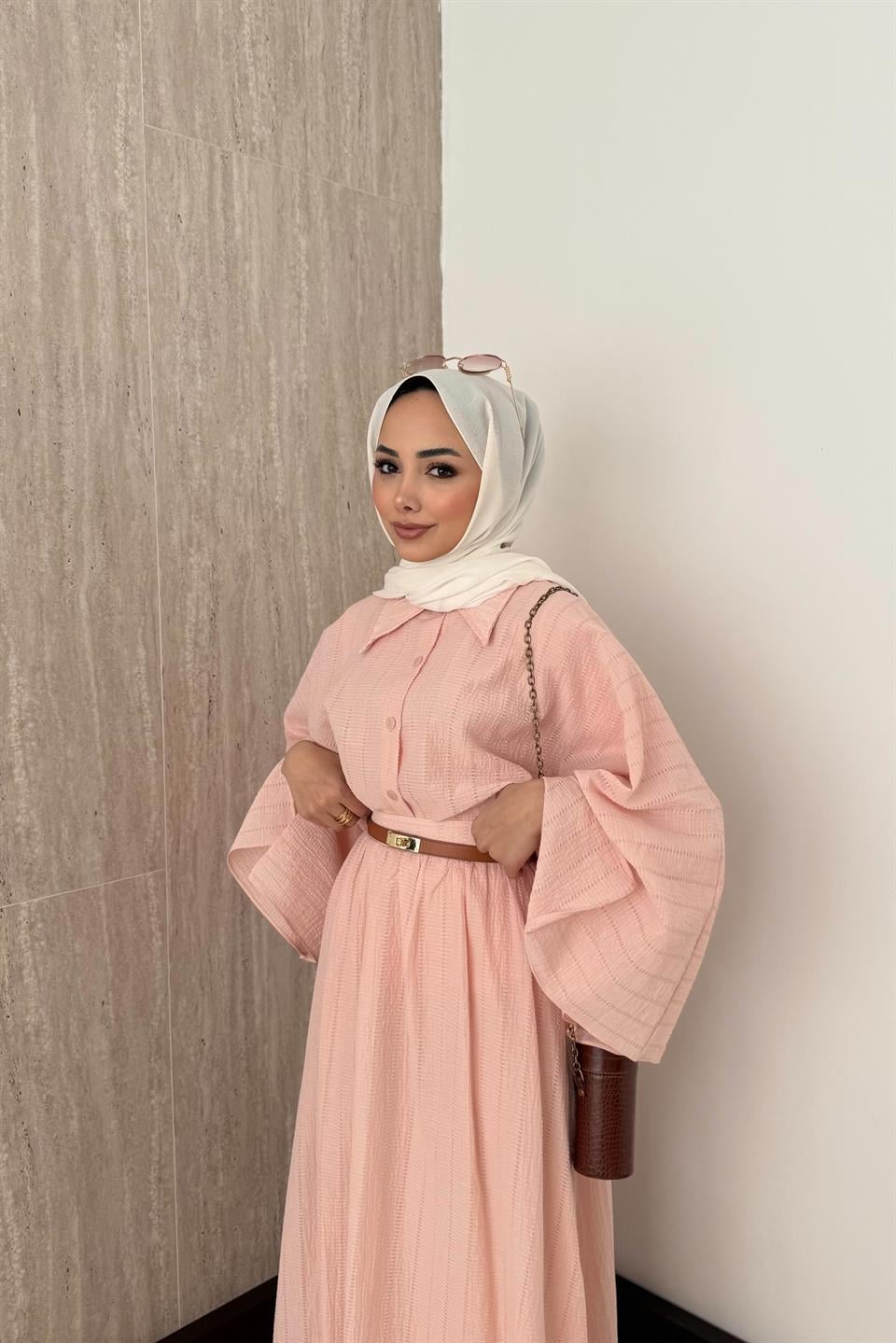 Yarasa Kol Brode Etekli Takım - Pudra