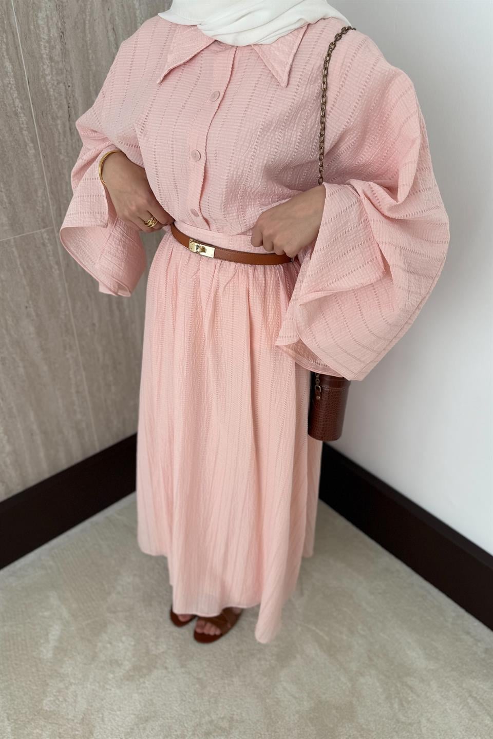 Yarasa Kol Brode Etekli Takım - Pudra