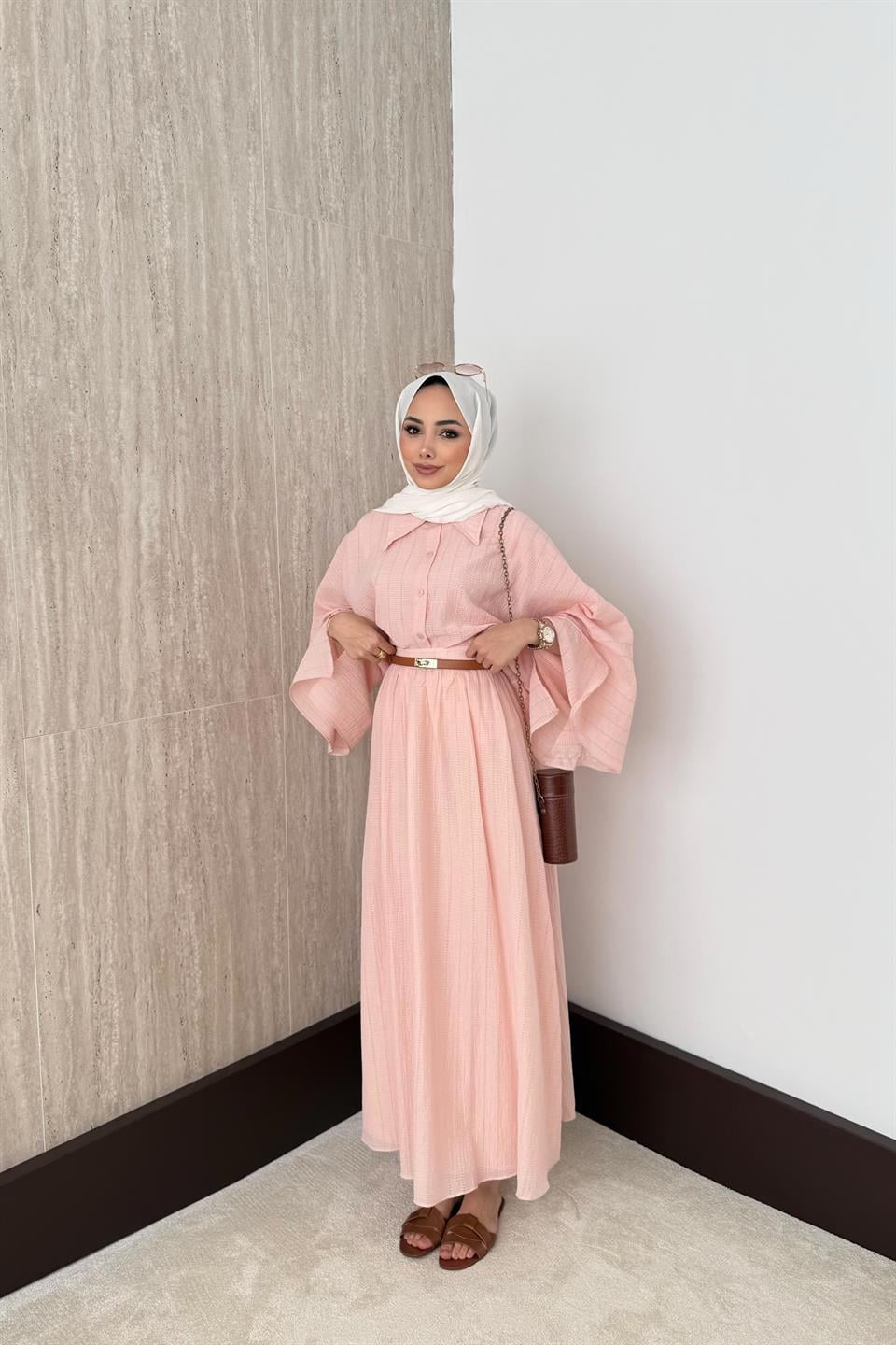 Yarasa Kol Brode Etekli Takım - Pudra