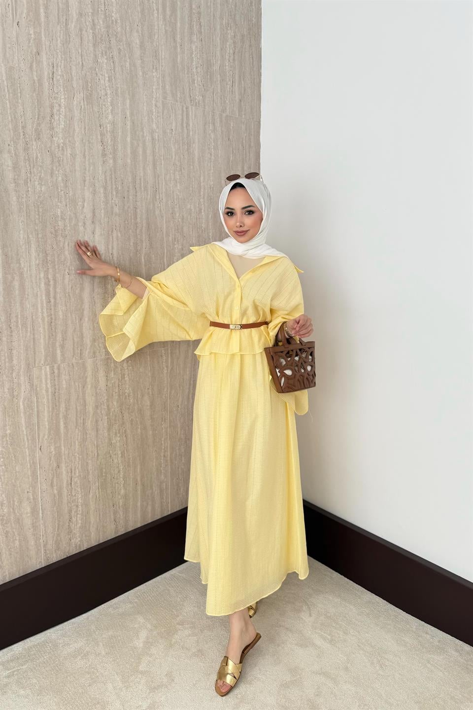 Yarasa Kol Brode Etekli Takım - Sarı