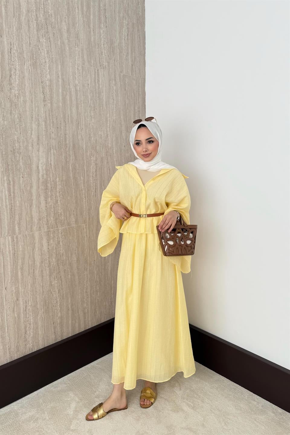 Yarasa Kol Brode Etekli Takım - Sarı