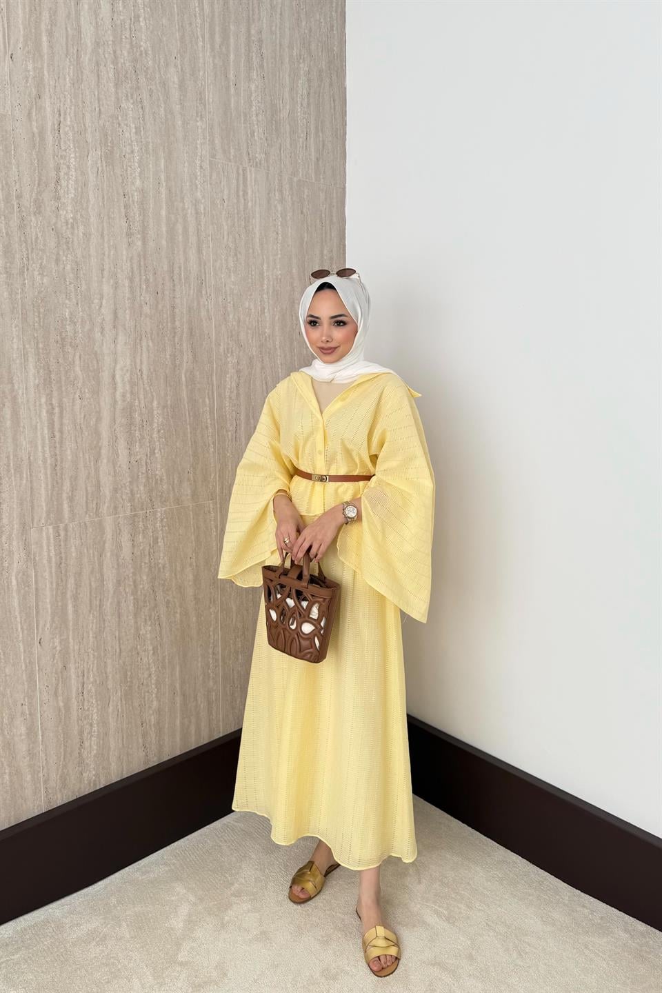 Yarasa Kol Brode Etekli Takım - Sarı