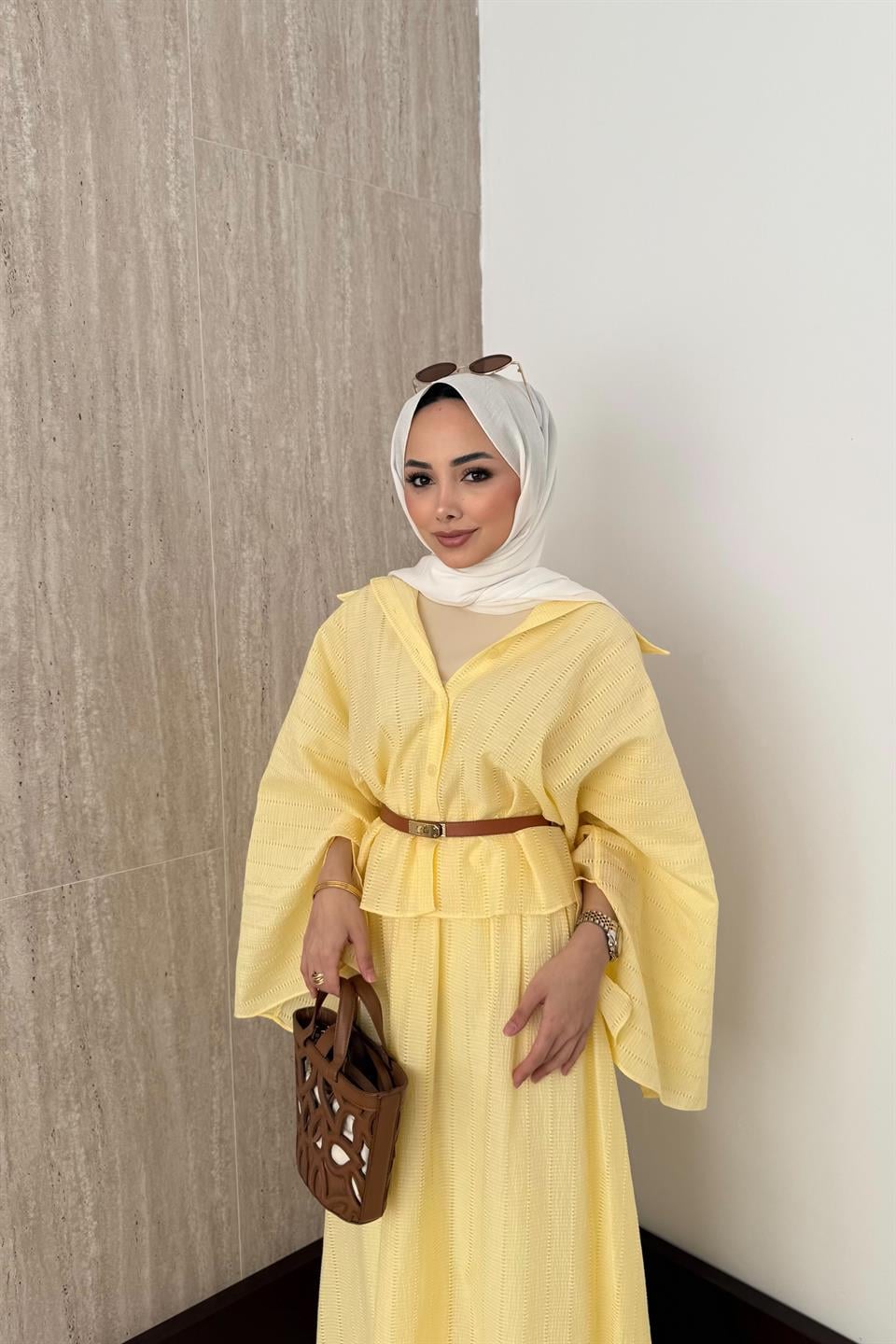 Yarasa Kol Brode Etekli Takım - Sarı