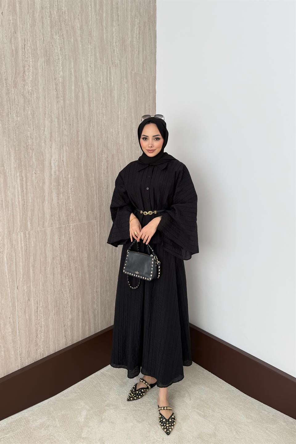 Yarasa Kol Brode Etekli Takım - Siyah