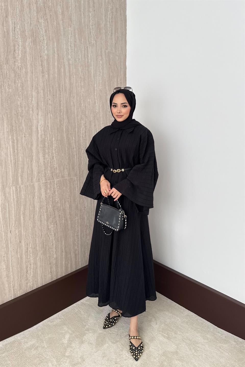 Yarasa Kol Brode Etekli Takım - Siyah