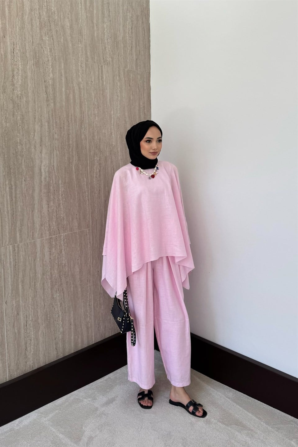 Yarasa Kol Keten Pantolonlu Takım - Pembe