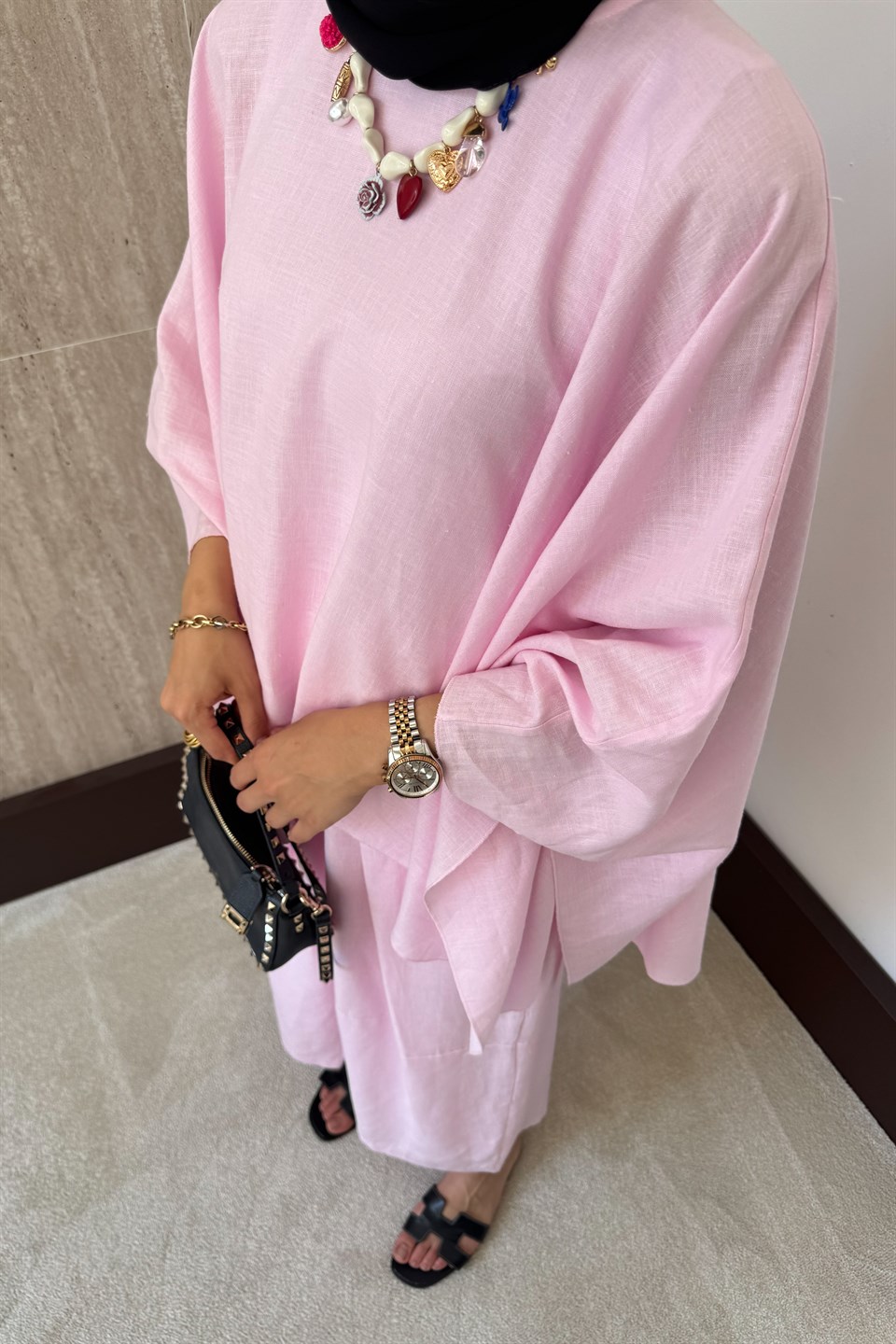 Yarasa Kol Keten Pantolonlu Takım - Pembe