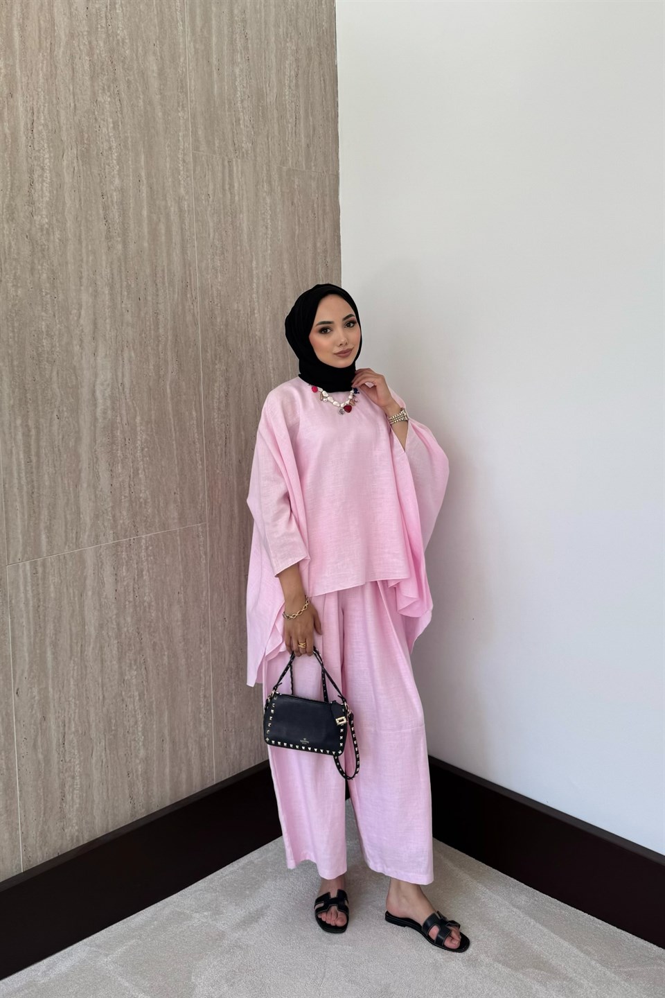 Yarasa Kol Keten Pantolonlu Takım - Pembe
