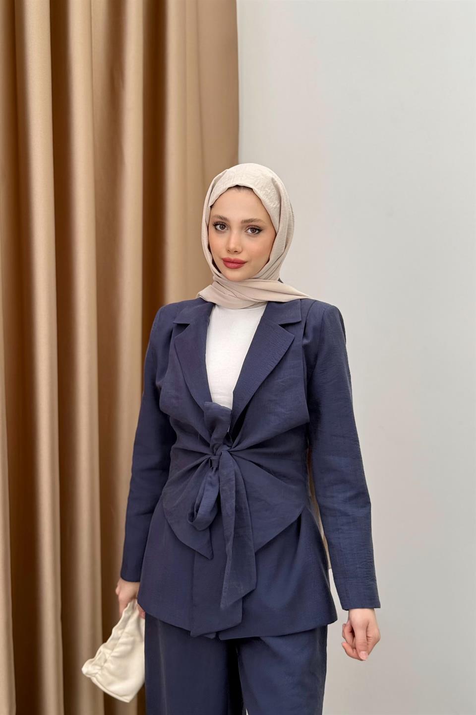 Tencel Suit with Tied Vest - Navy Blue