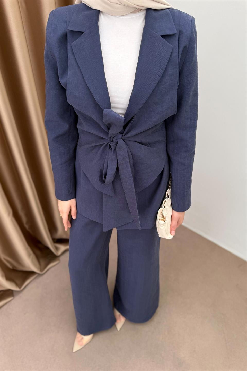 Tencel Suit with Tied Vest - Navy Blue
