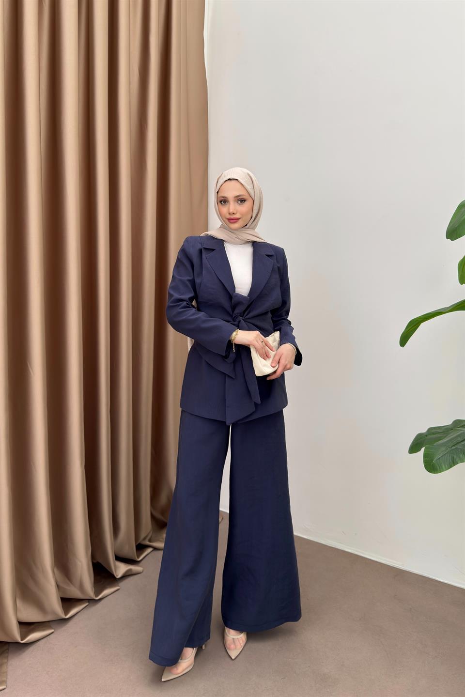 Tencel Suit with Tied Vest - Navy Blue