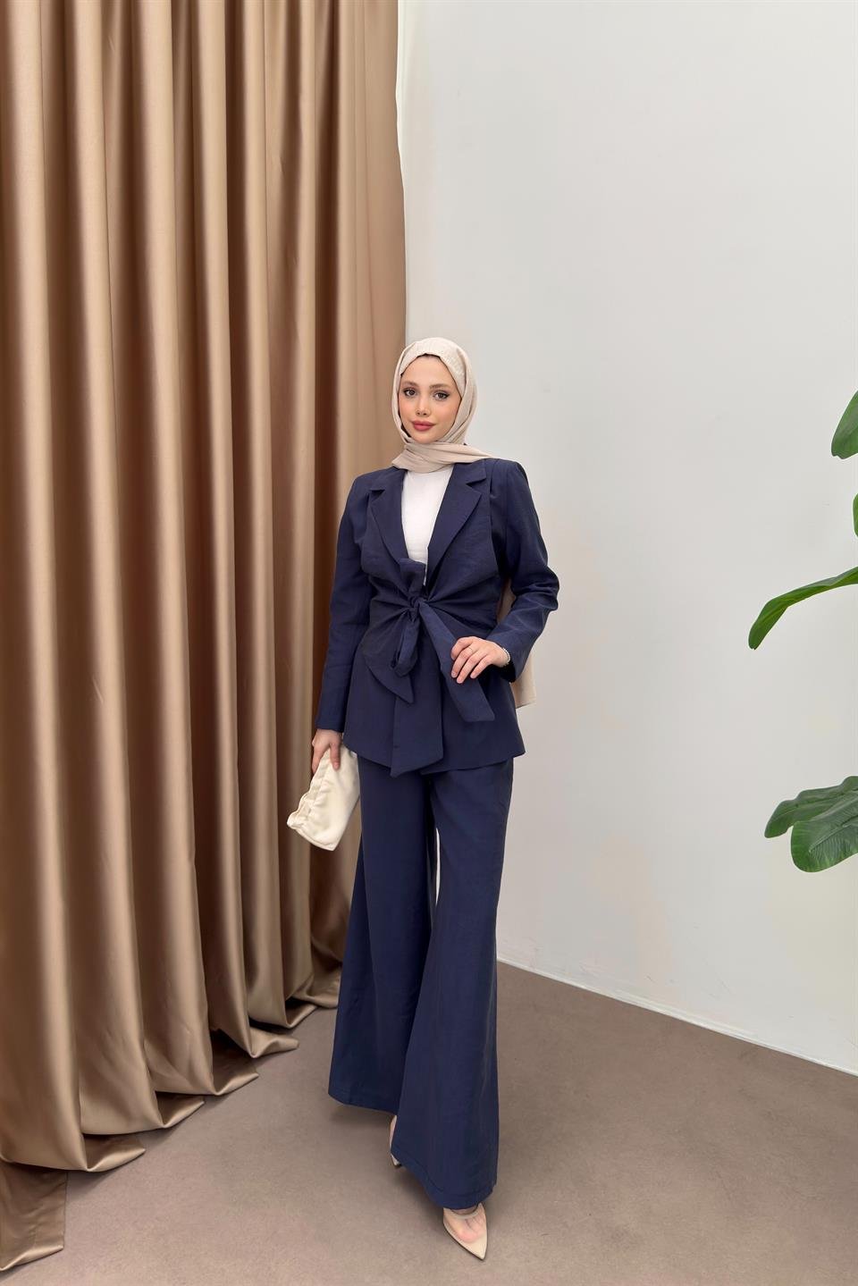 Tencel Suit with Tied Vest - Navy Blue