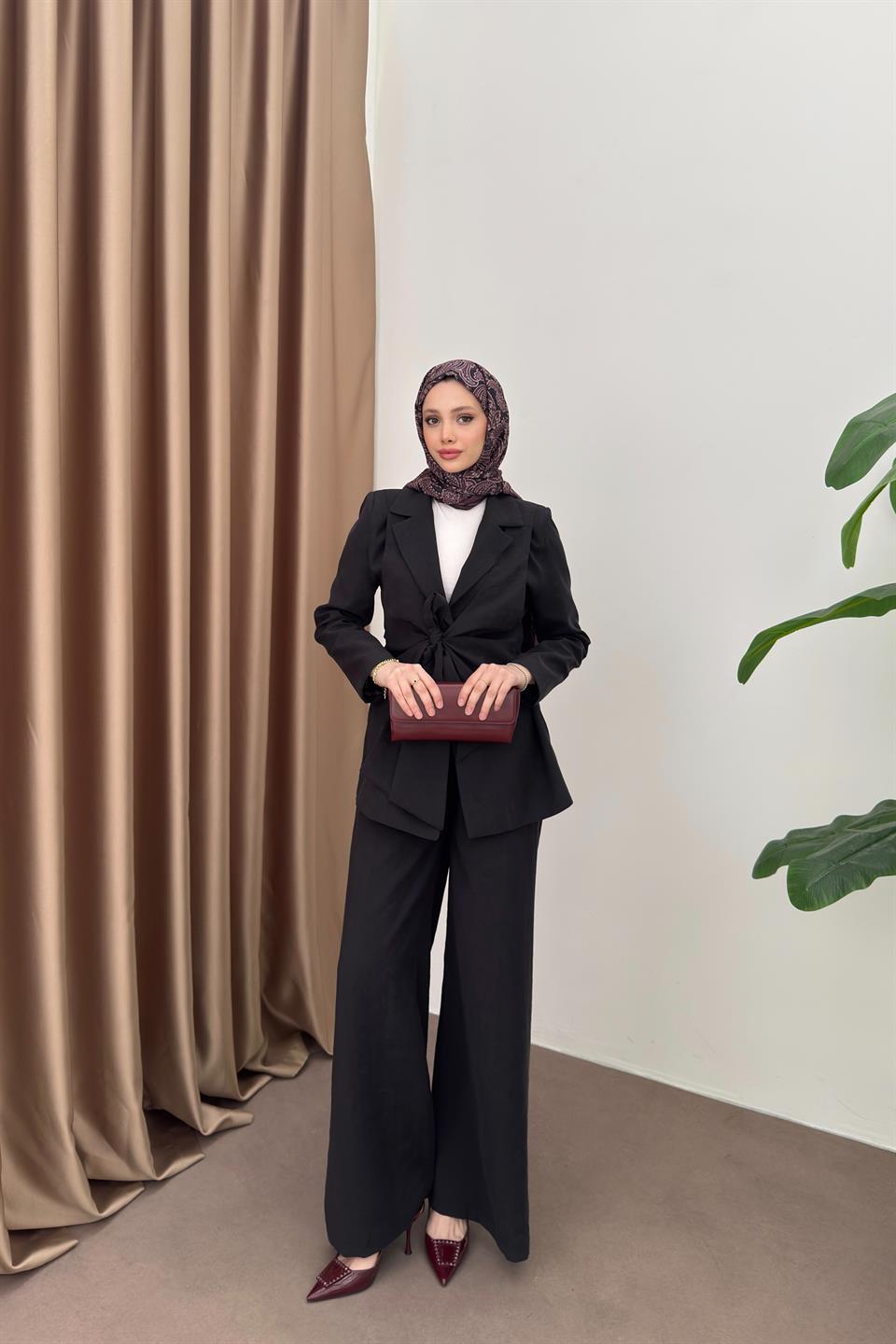 Tencel Suit with Tied Vest - Black