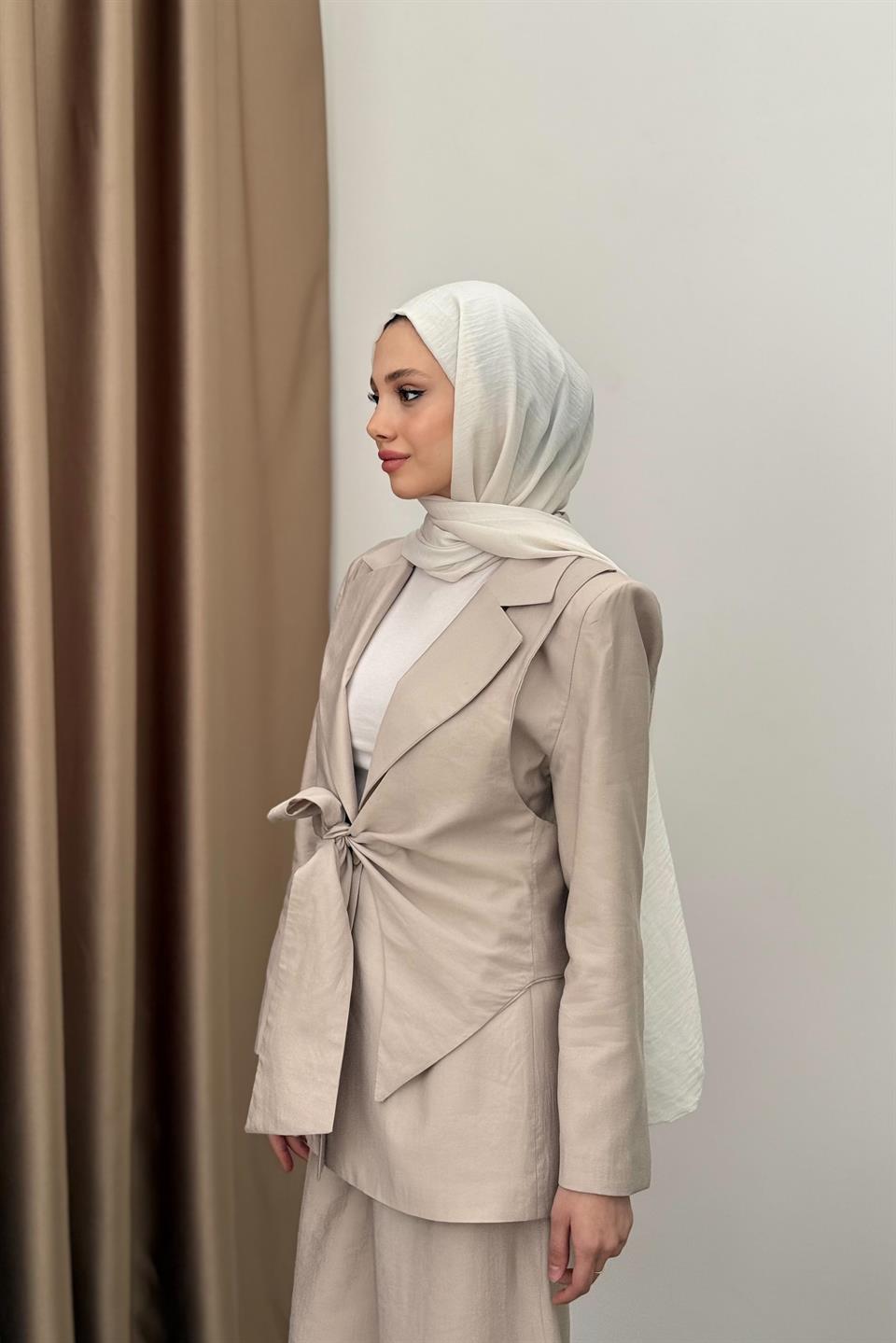 Tencel Set with Tied Vest - Stone