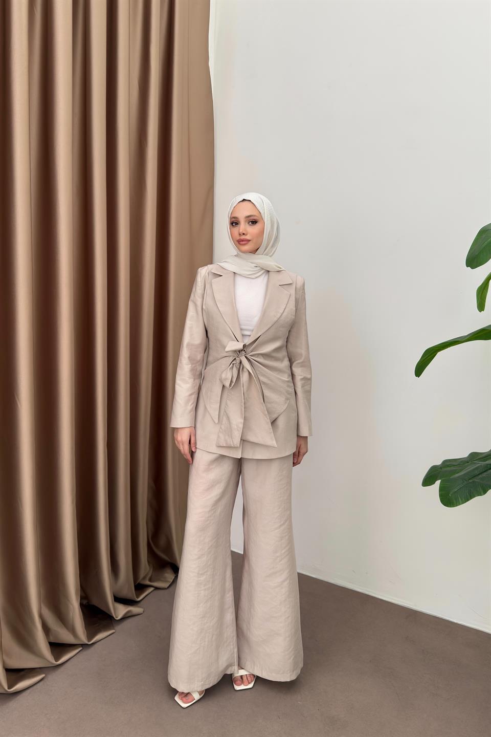 Tencel Set with Tied Vest - Stone