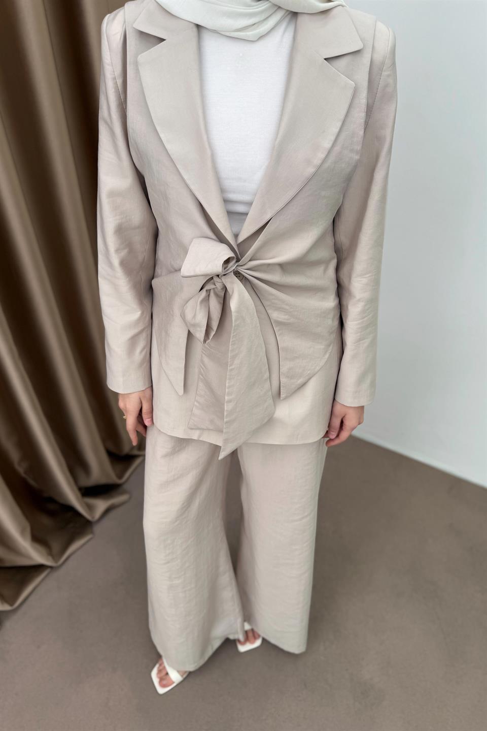 Tencel Set with Tied Vest - Stone