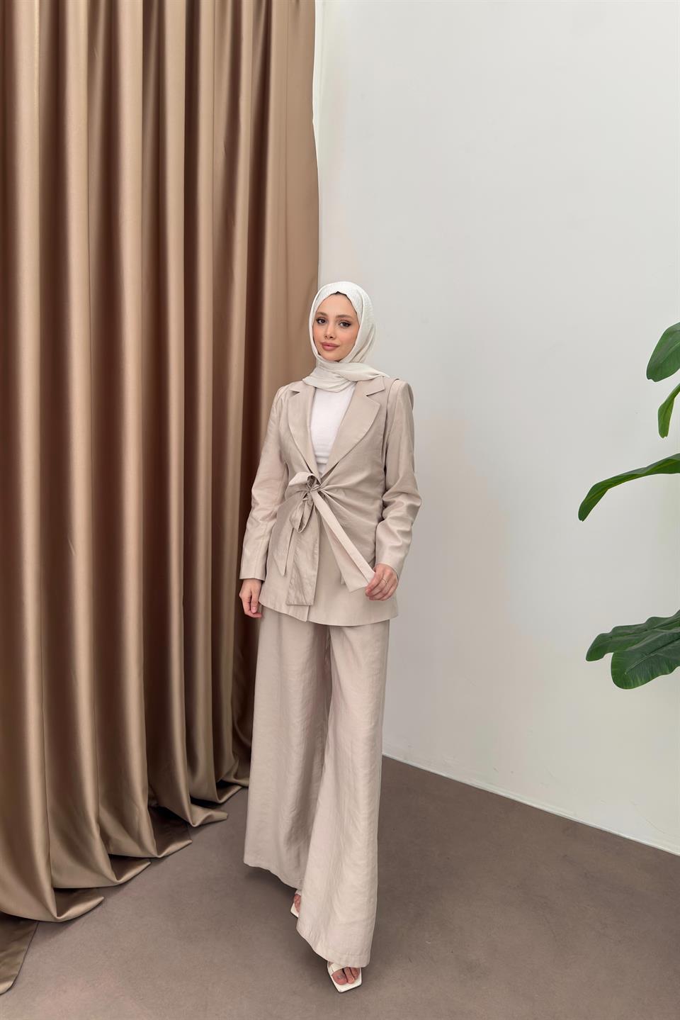 Tencel Set with Tied Vest - Stone