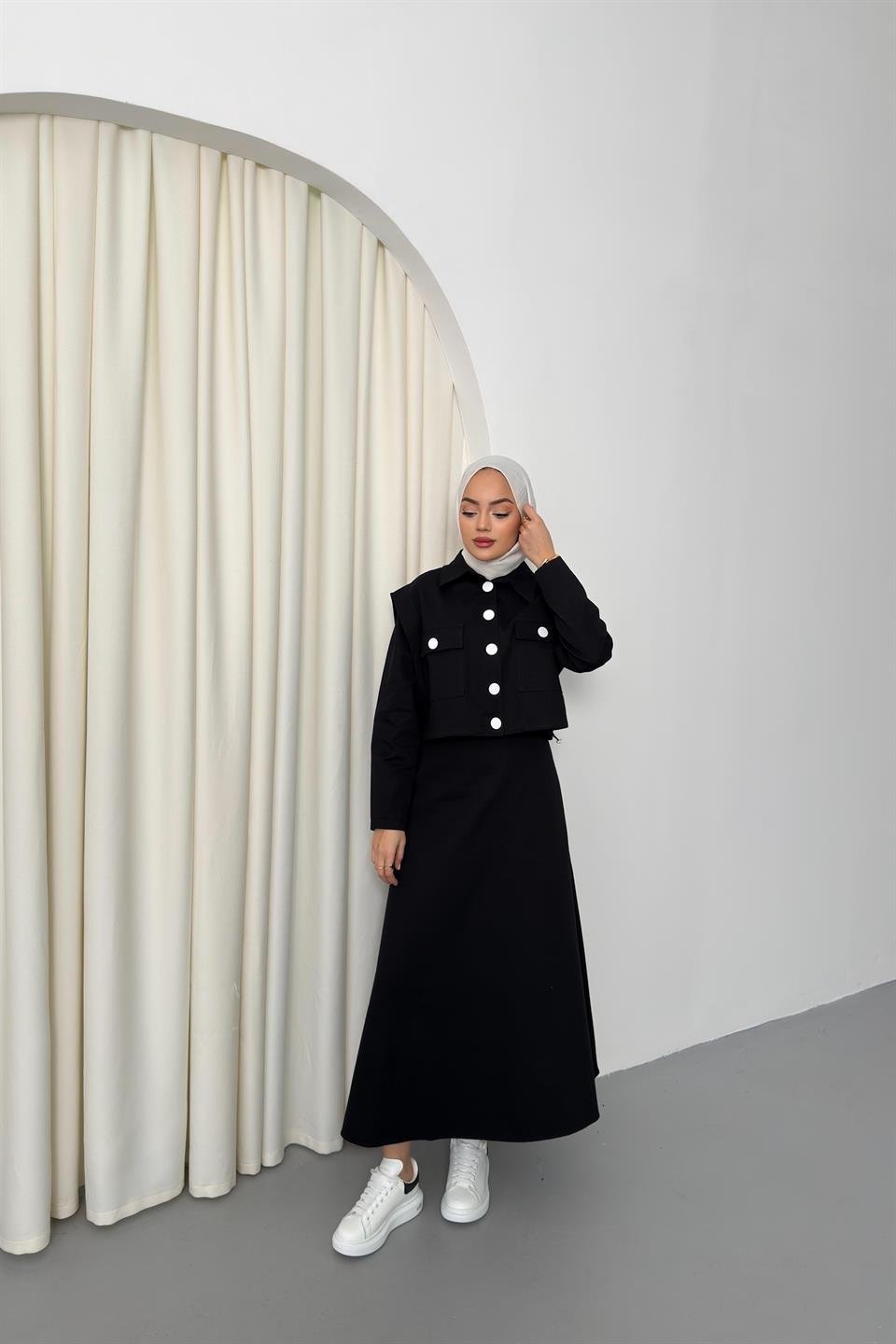 Yelekli Gabardin Elbise - Siyah