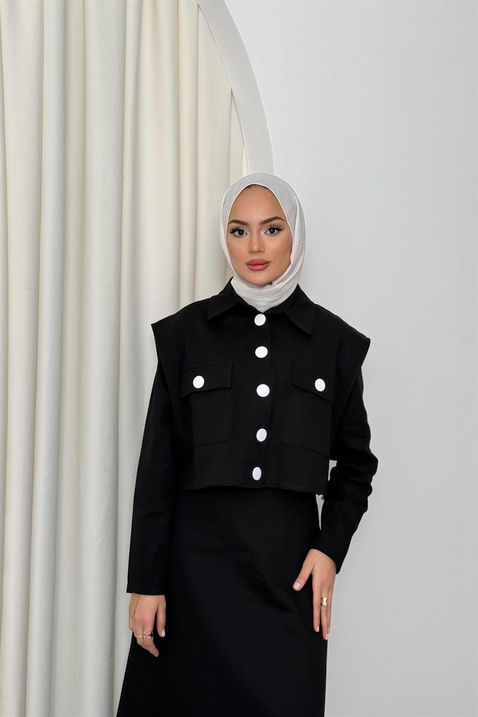 Yelekli Gabardin Elbise - Siyah