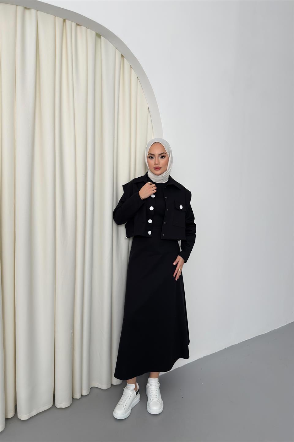 Yelekli Gabardin Elbise - Siyah