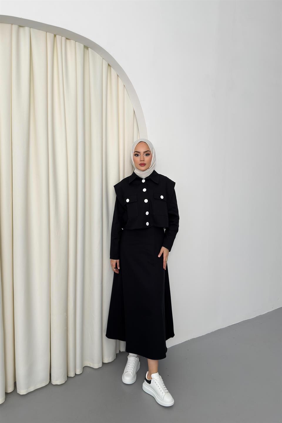 Yelekli Gabardin Elbise - Siyah