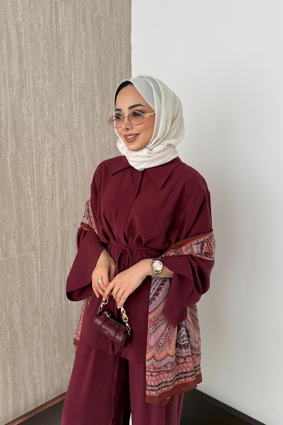 Yırtmaç Kol Modal Pantolonlu Takım - Bordo