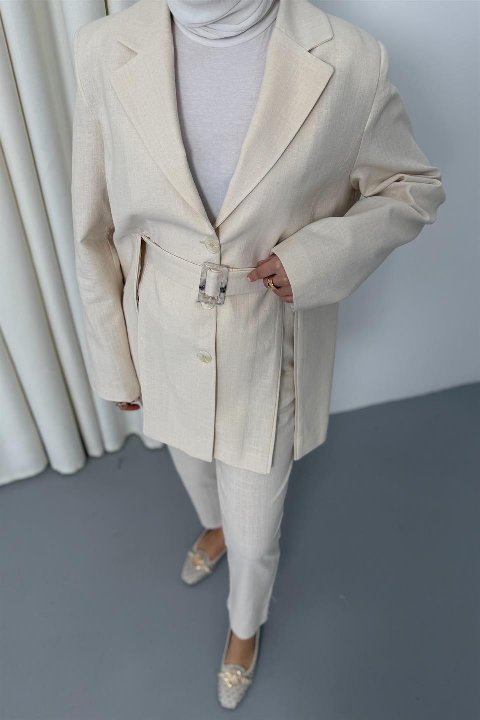 Slit Linen Trouser Suit - Beige