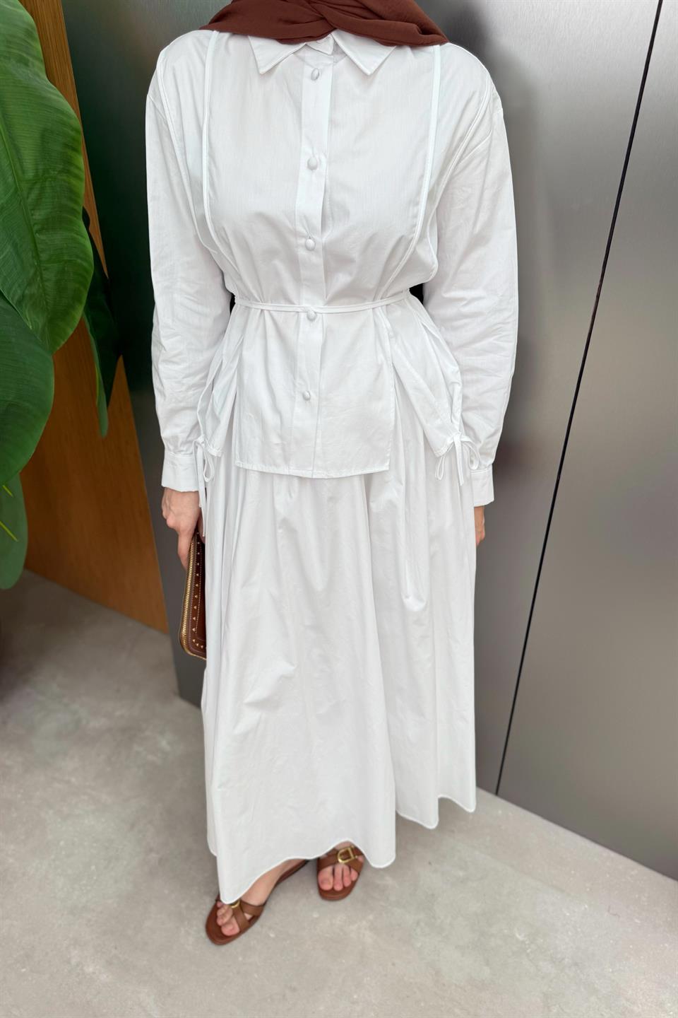 Yırtmaçlı Poplin Etekli Takım - Beyaz