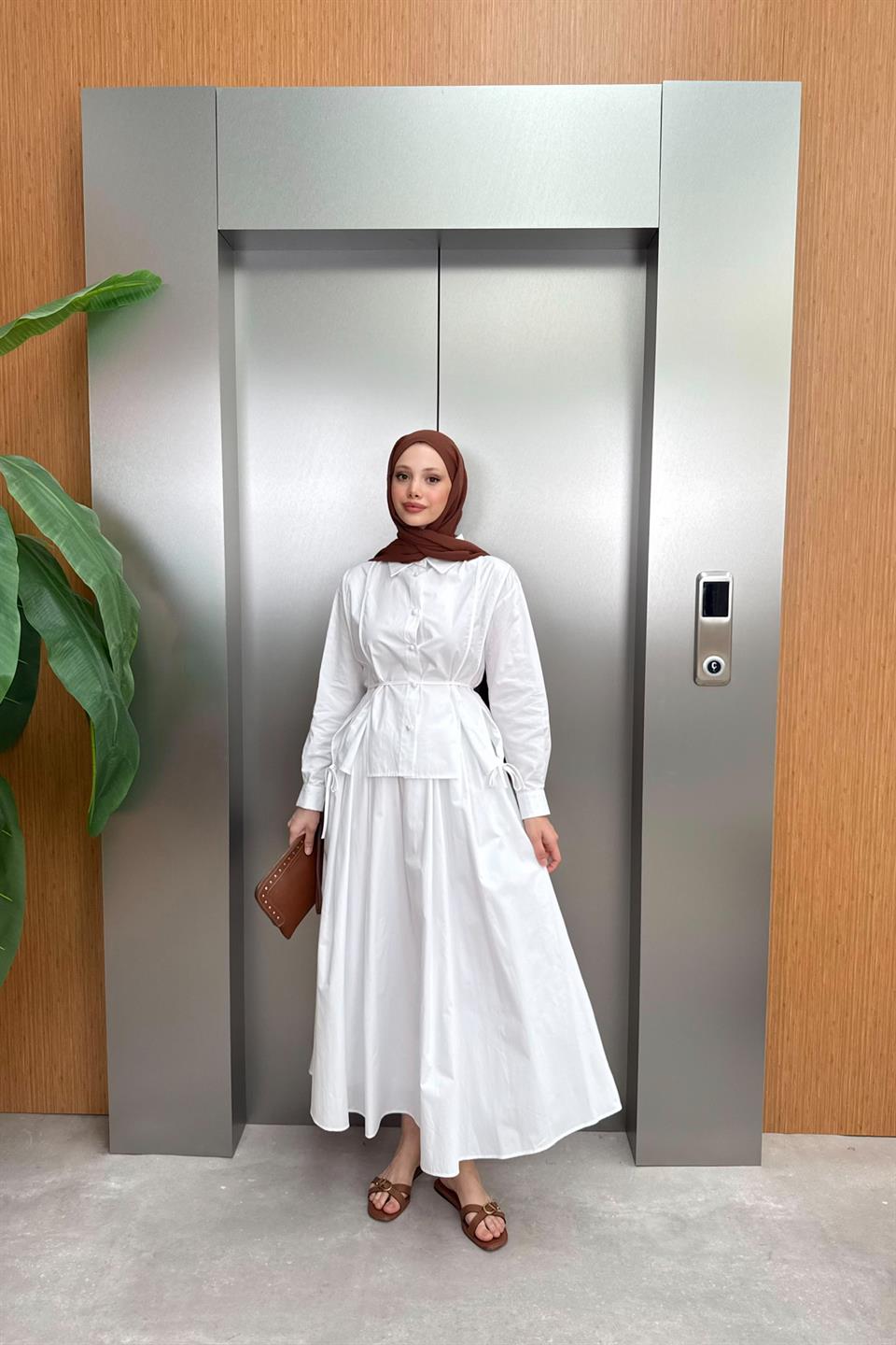 Yırtmaçlı Poplin Etekli Takım - Beyaz