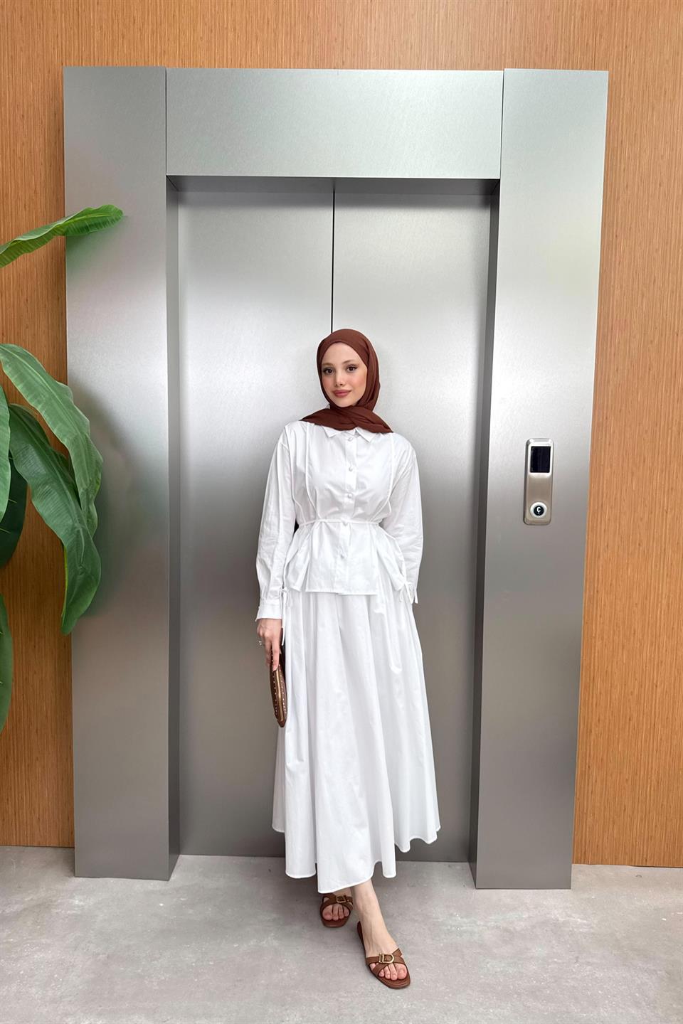 Yırtmaçlı Poplin Etekli Takım - Beyaz