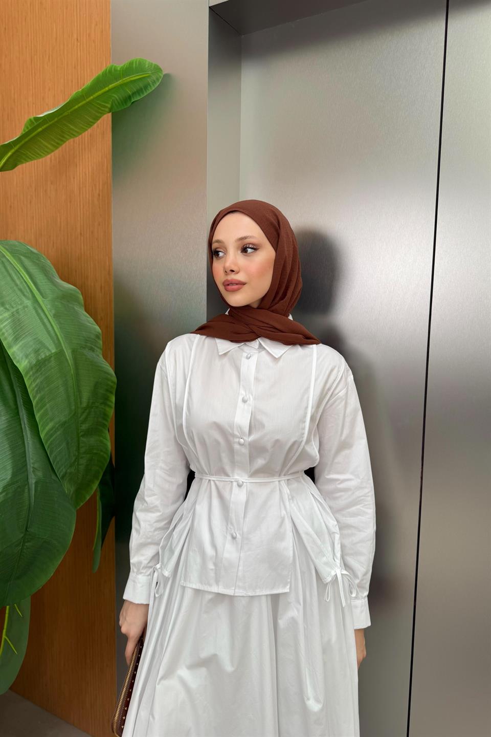 Yırtmaçlı Poplin Etekli Takım - Beyaz