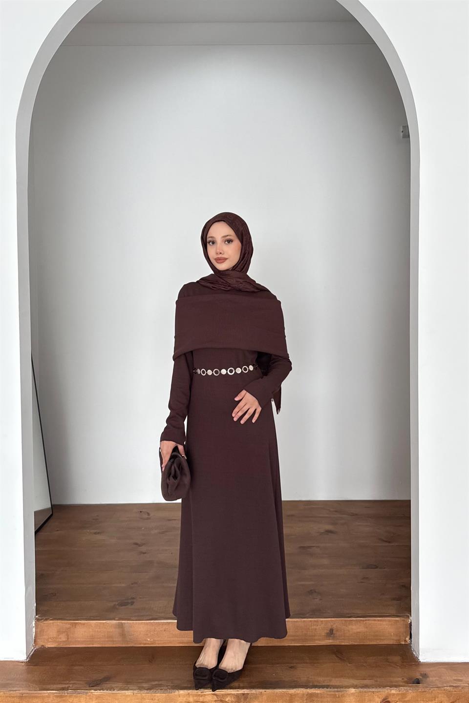 Chain Belted Corduroy Dress - Brown